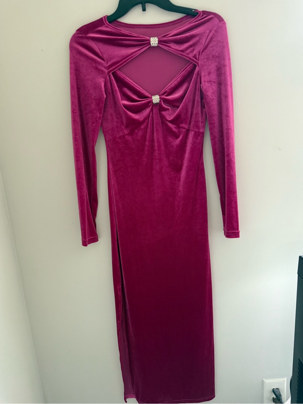 Fuchsia Velvet Long Sleeve Cutout Maxi Dress with Rhinestone Accents